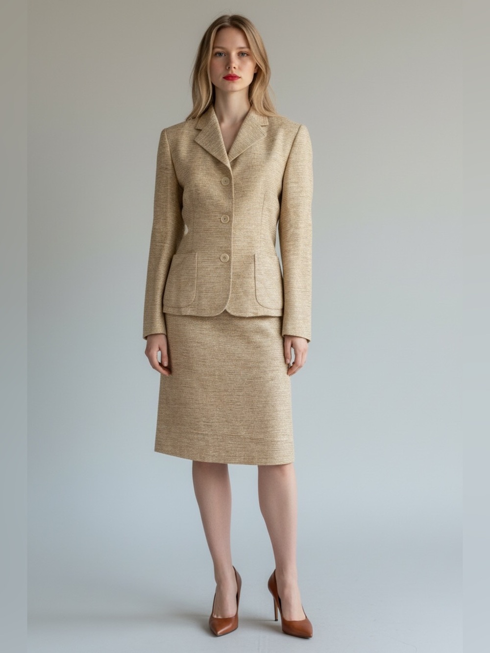 Celine Beige Tweed Knit Blazer Jacket And Skirt